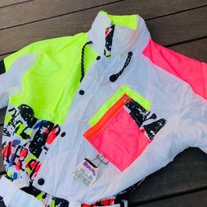 Vintage Solid Water Lightwieght Snowsuit Retro Yellow & Pink + 1990 Lift Ticket